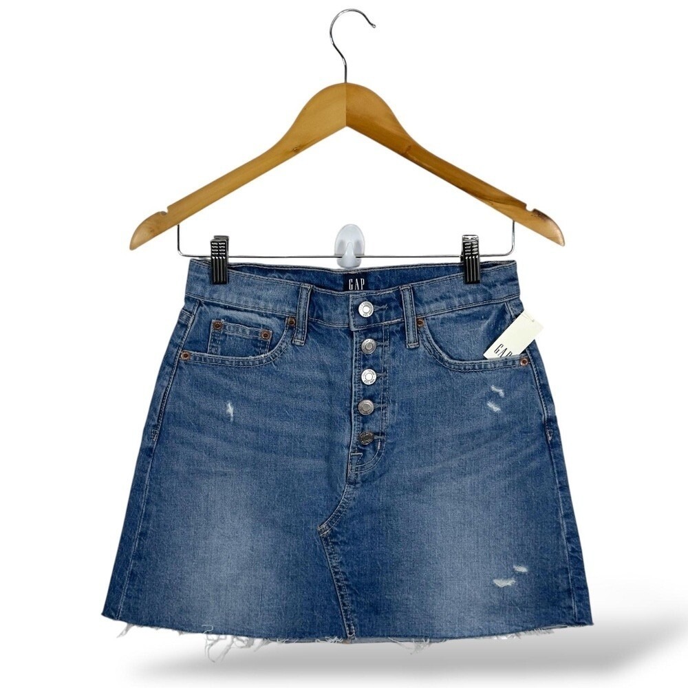 GAP Denim Mini Skirt Button Front Distressed Raw Hem Casual Blue Size 0/25P